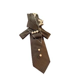 Upcycled Vintage Men’s Tie Necklace with Pearl and Bow Accents. Polka dot tie